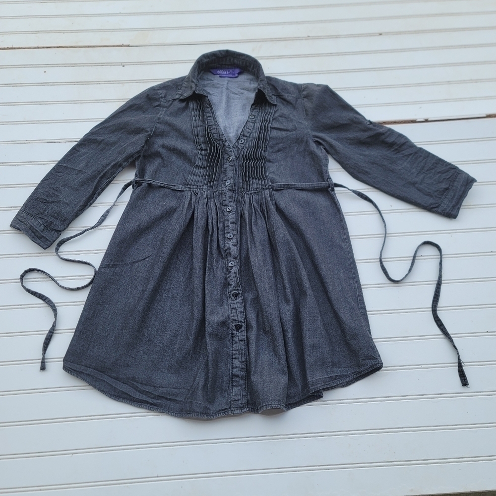 MILEY CYRUS MAX AZRIA Girls DENIM  DRESS Black Tie Back 3/4 Sleeve Sz S